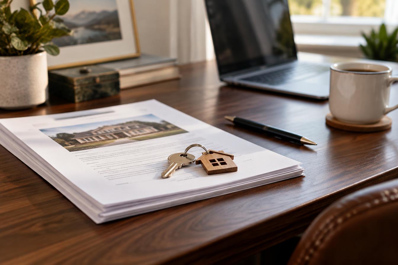 Property documents and a house key on a desk